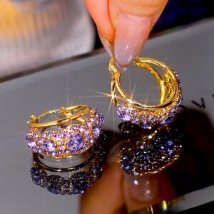 Full Zircon Purple Diamond Huggie Earring Gold Plated Hoop Earring Hypoallergenic Needle Sparkling Purple Diamond Drop Earring